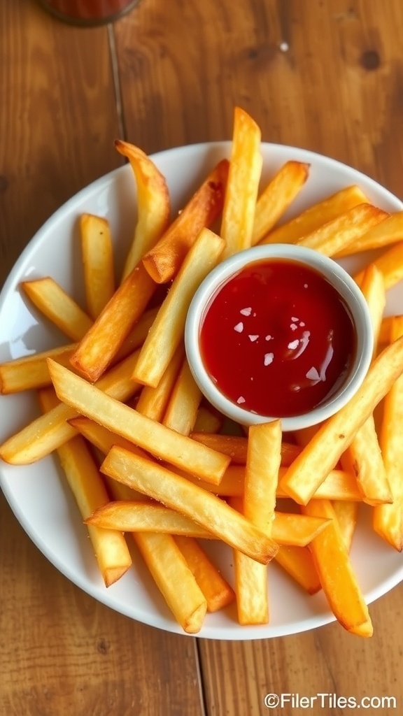 Crispy Air Fryer French Fries Recipe Crispy air fryer French fries served with ketchup on a rustic wooden table.